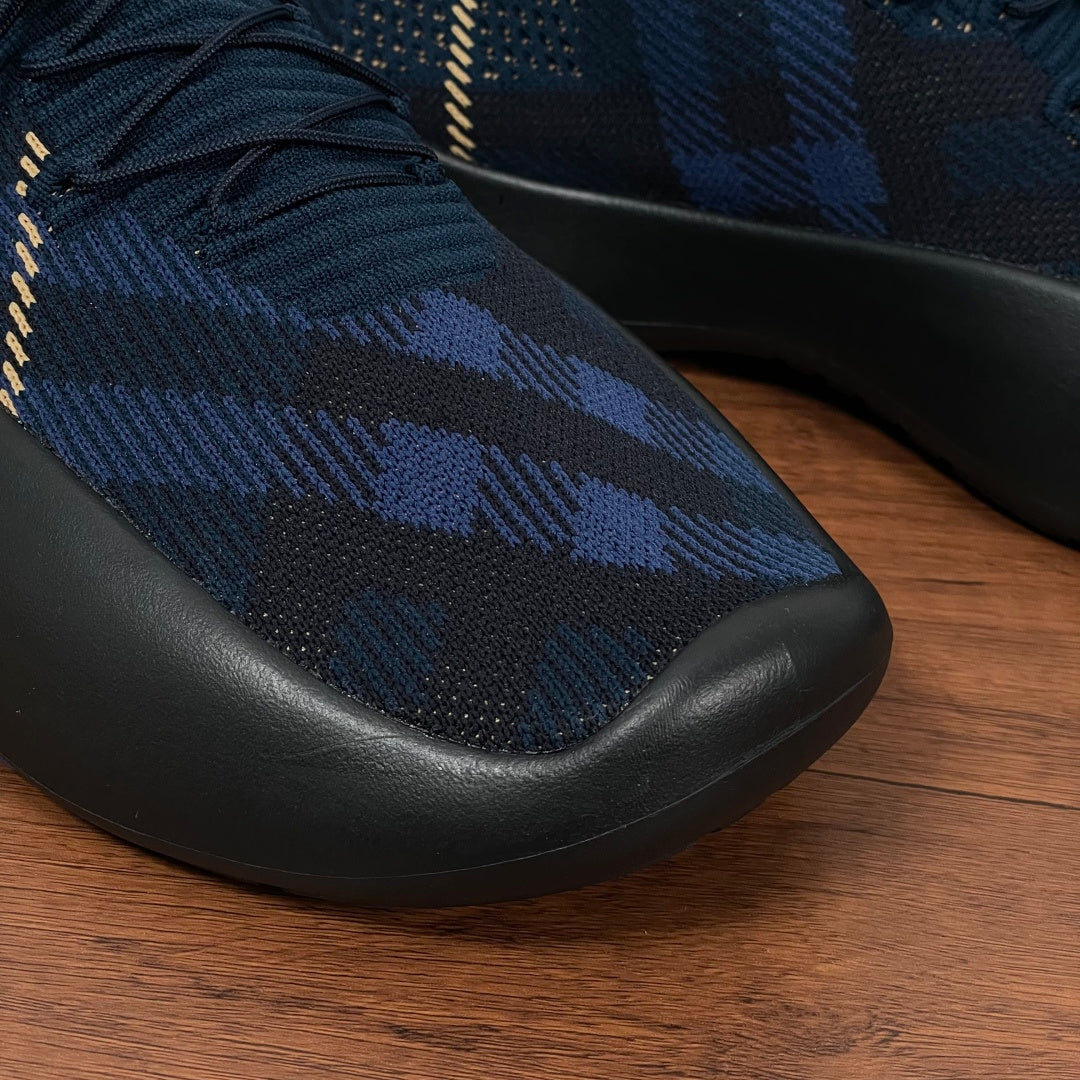 Burberry blue check knit sneaker toe with black rubber bumper