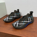 Burberry knit sneakers in dark olive with black-and-white plaid and blue accents