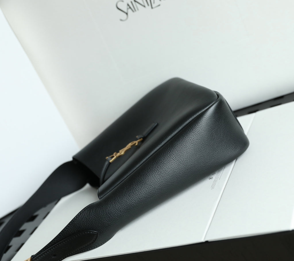 Black YSL belt bag with gold YSL logo detail and curved front flap