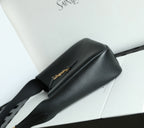 Black YSL belt bag with gold YSL logo detail and curved front flap