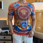 Graphic print T-shirt with Medusa emblem and blue floral scroll accents, red