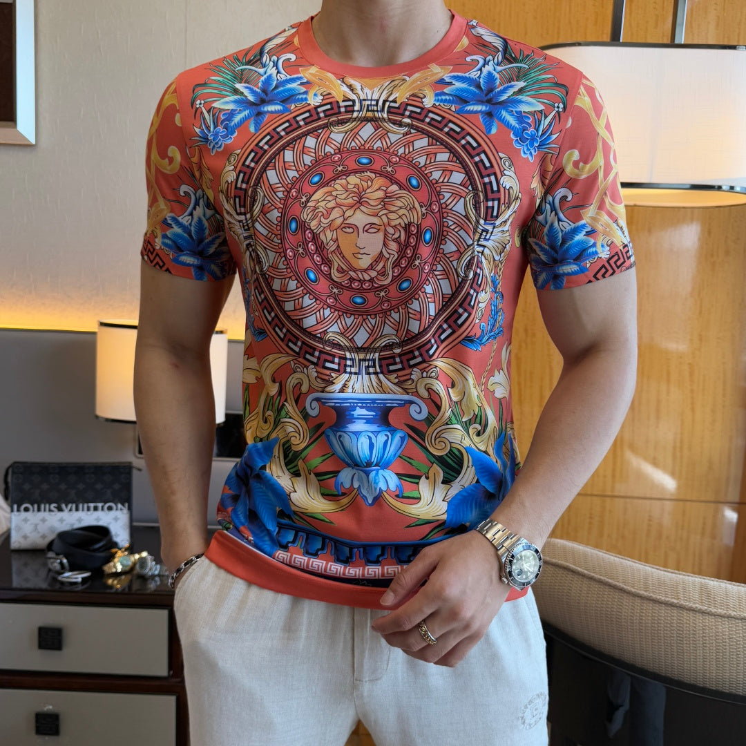 Graphic print T-shirt featuring Medusa face medallion and blue flower details