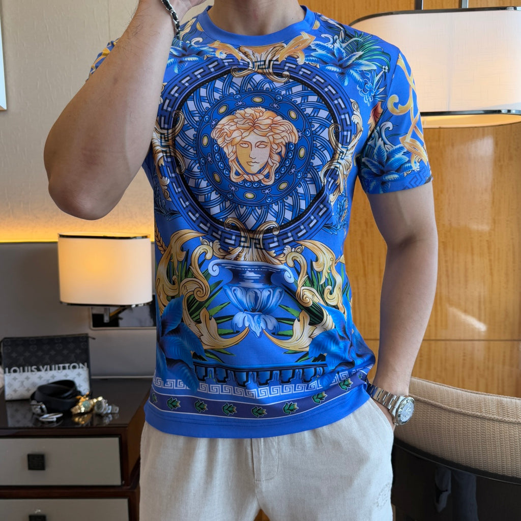 Blue graphic T-shirt, crew neck, with circular Medusa portrait and ornate scroll pattern