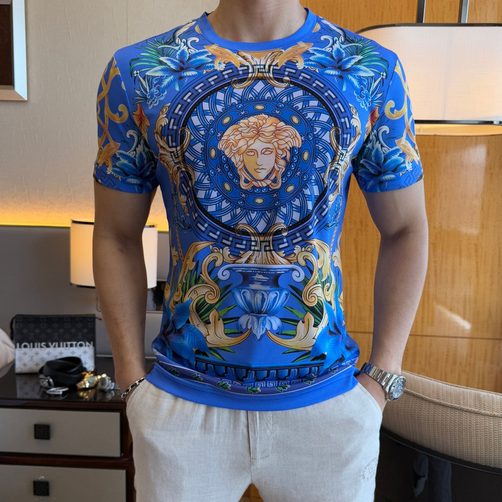Versace blue graphic T-shirt with Medusa portrait medallion and ornate scroll print