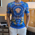 Versace blue graphic T-shirt with Medusa portrait medallion and ornate scroll print