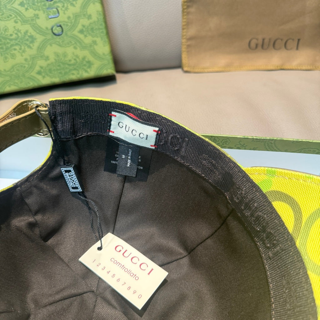 Black interior label and lining inside Gucci baseball cap.