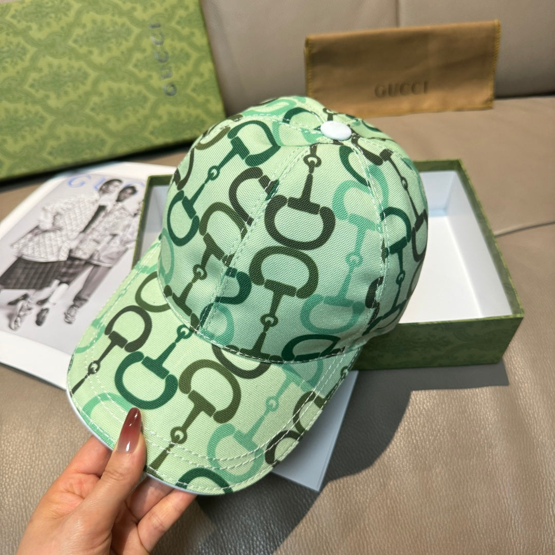 Green patterned baseball cap with curved brim, front view