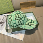 Green patterned baseball cap, side view, curved brim