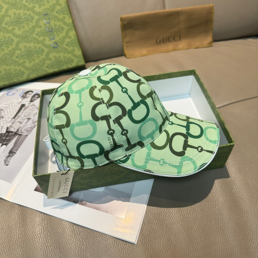 Green patterned baseball cap, side view, curved brim