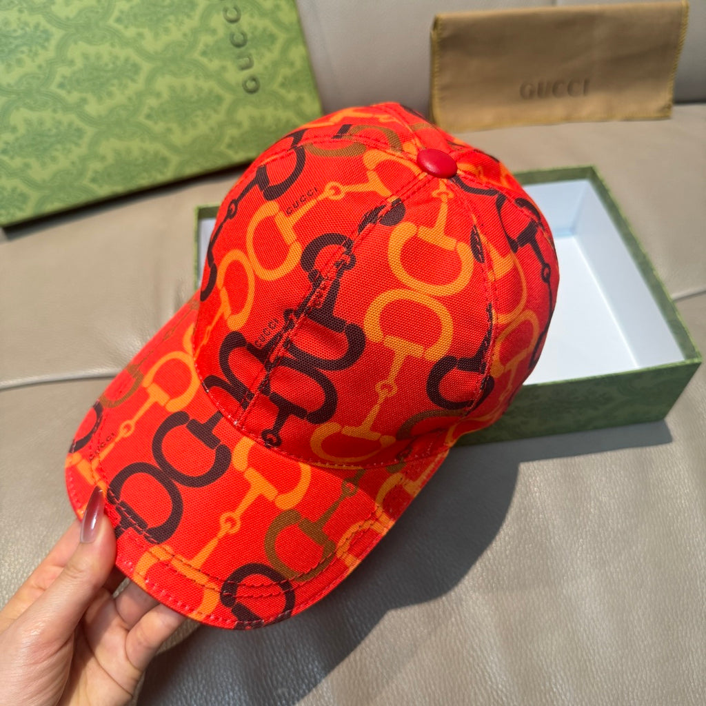 Gucci cap red with black logo links pattern, front view with button top