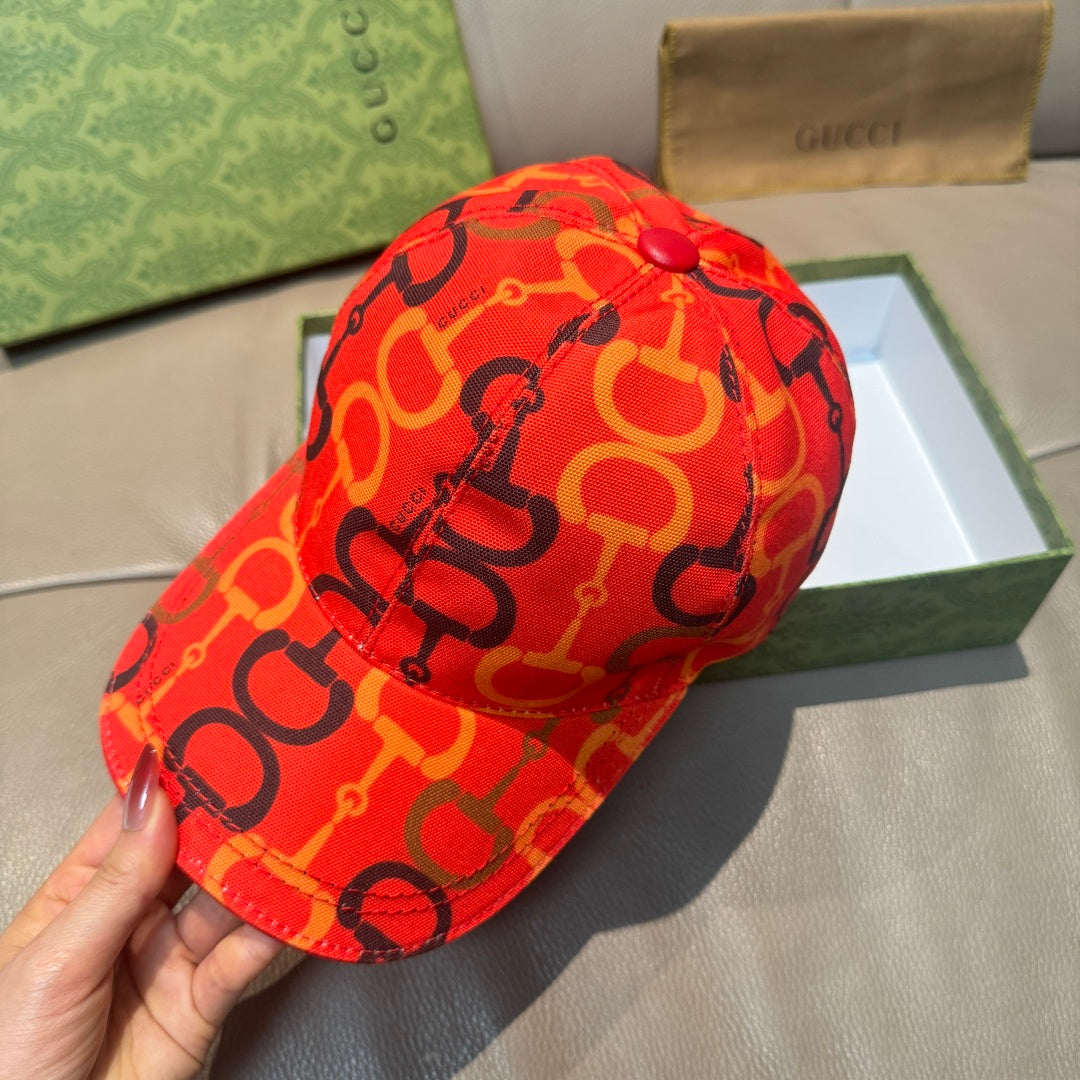 Gucci cap red with black logo links pattern, front view with button top