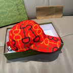 Gucci cap red with black logo links pattern, curved brim and back view