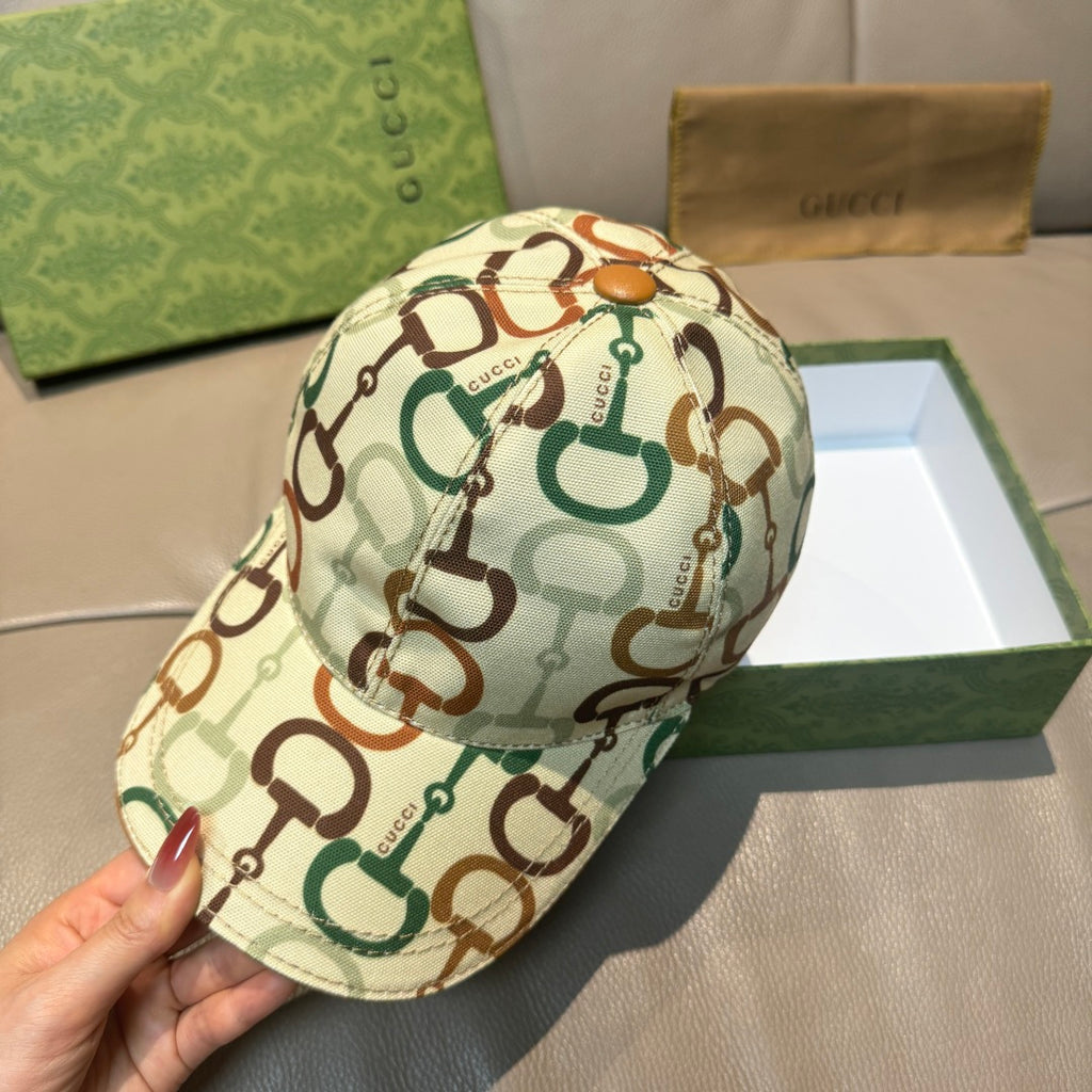 Gucci cap, beige horsebit print with brown top button; curved brim