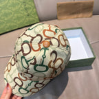 Gucci cap, beige horsebit print; side view with tan stitched edge