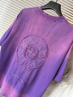 Crewneck short-sleeve T-shirt in purple with large circular crest graphic on chest