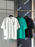 White short-sleeve T-shirt with black embroidered crest graphic on the chest
