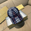 Navy plaid baseball cap with red and white stripes, adjustable strap