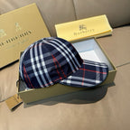 Navy plaid baseball cap with matching red and white side panel, curved brim