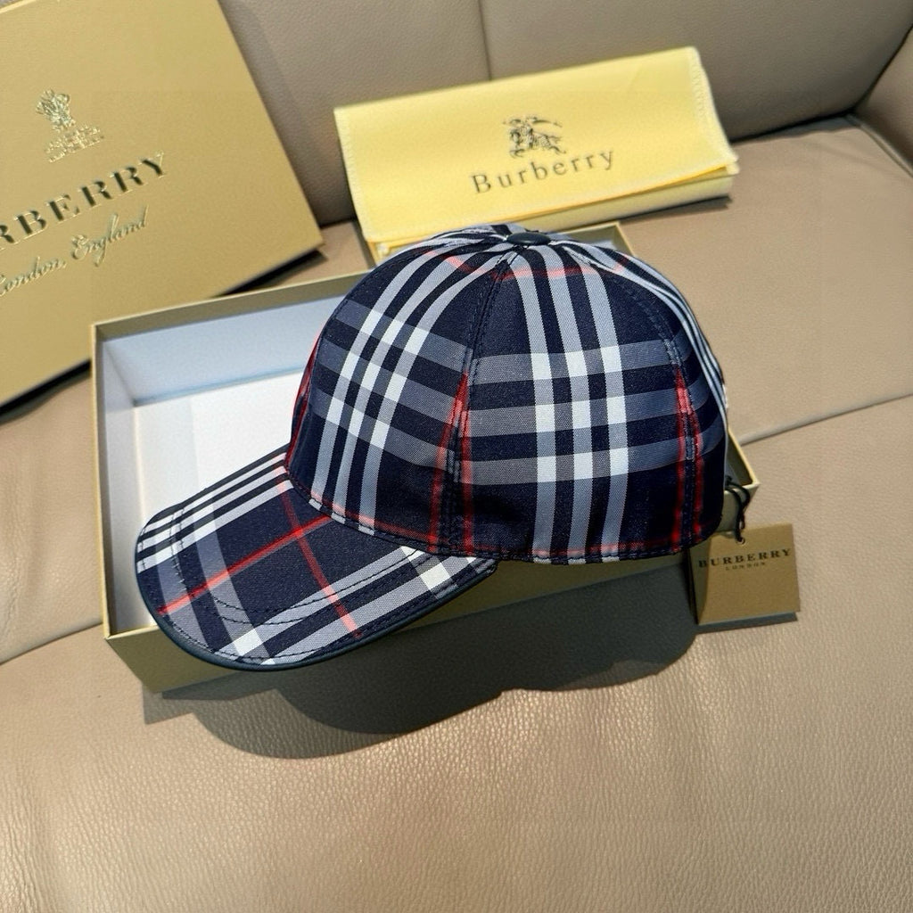 Navy plaid baseball cap with red and white grid pattern, curved brim