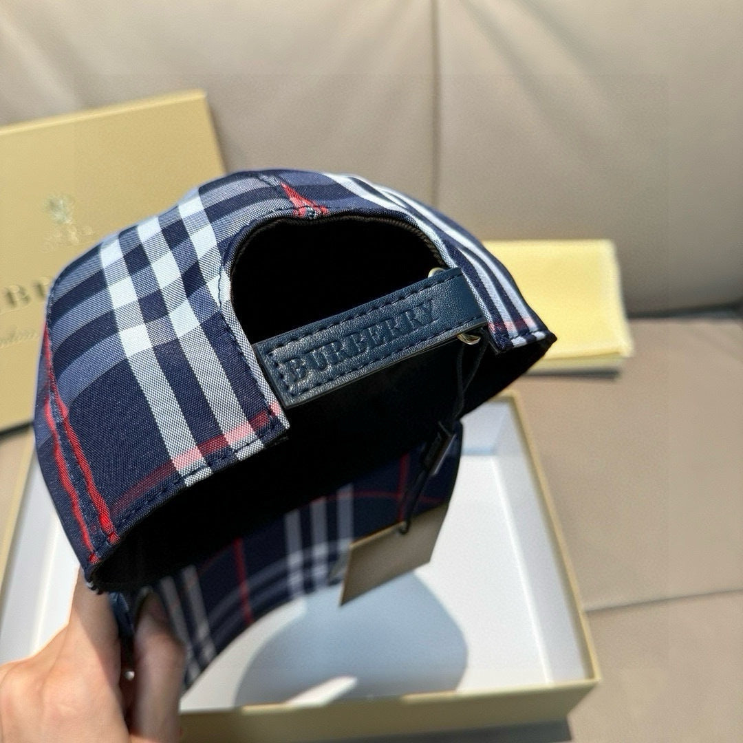 Navy plaid baseball cap with embroidered logo patch on side