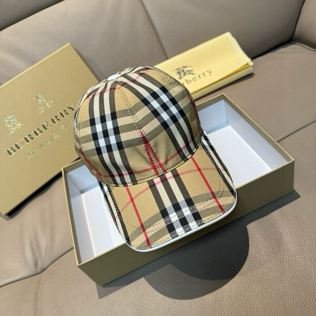 Plaid baseball cap with curved brim, beige, black, white, and red check pattern.