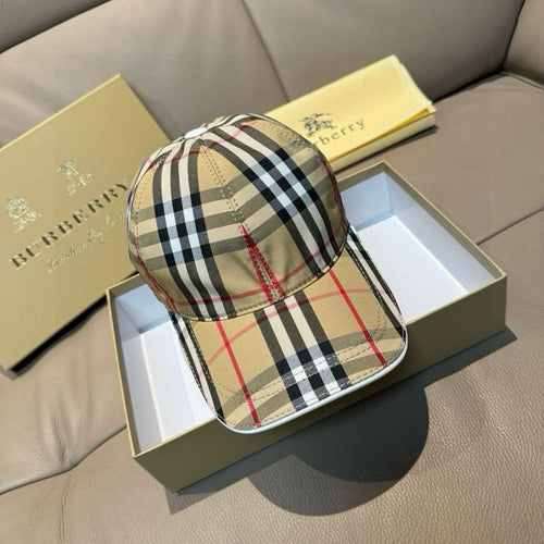 Plaid baseball cap with curved brim, beige, black, white, and red check pattern.