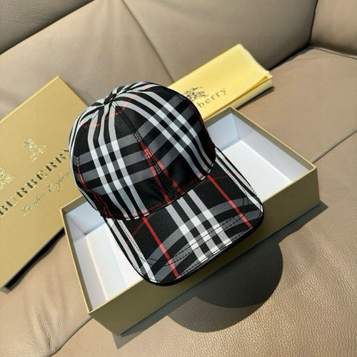 Black plaid baseball cap with red and white grid, curved brim and snapback