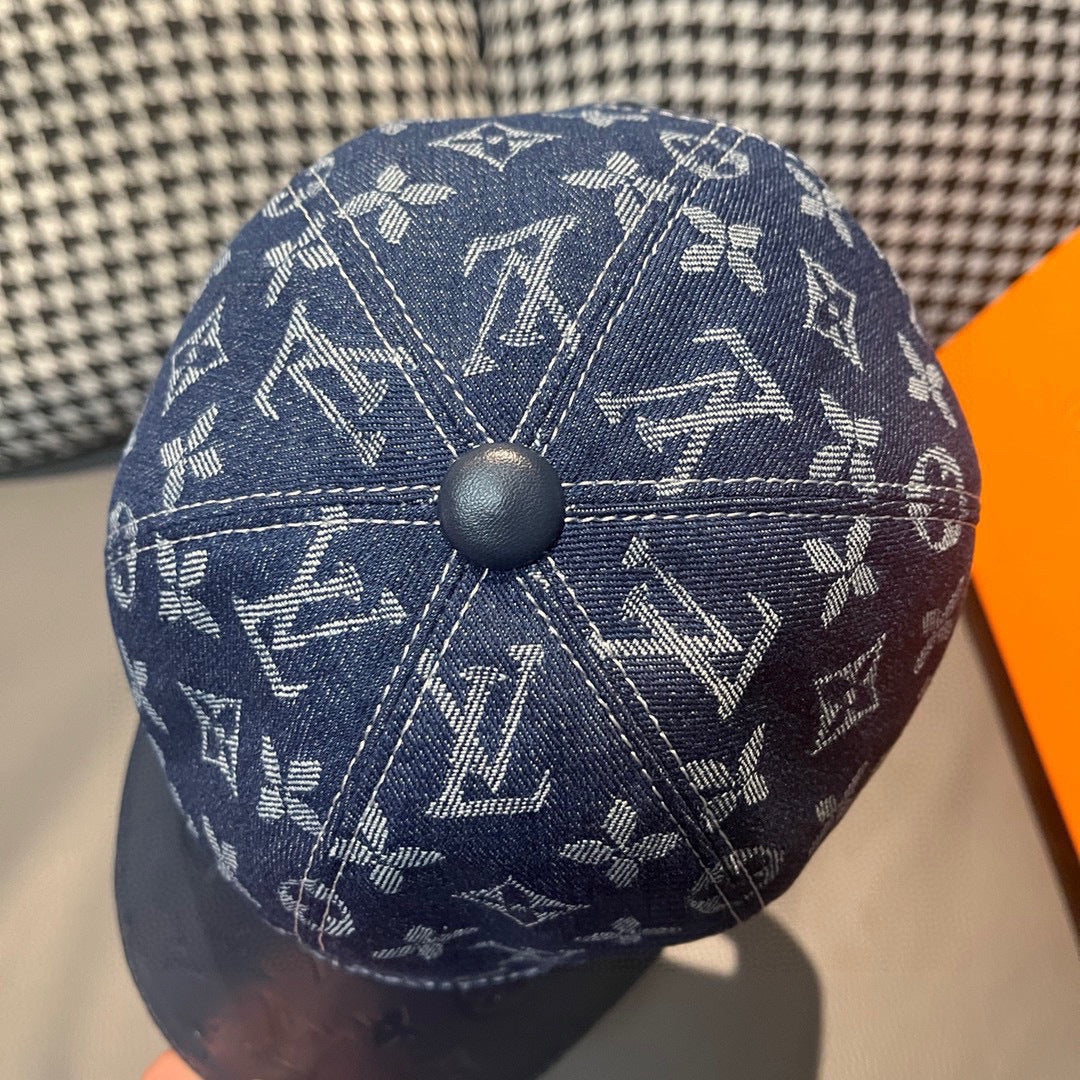 Baseball cap top, dark blue all-over monogram pattern with central snap button
