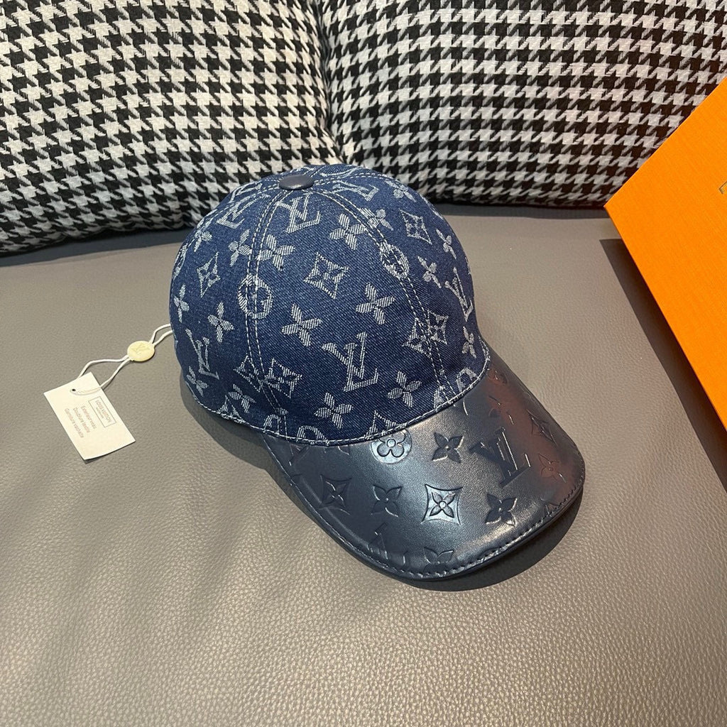 Baseball cap, dark blue monogram pattern with curved brim and top button