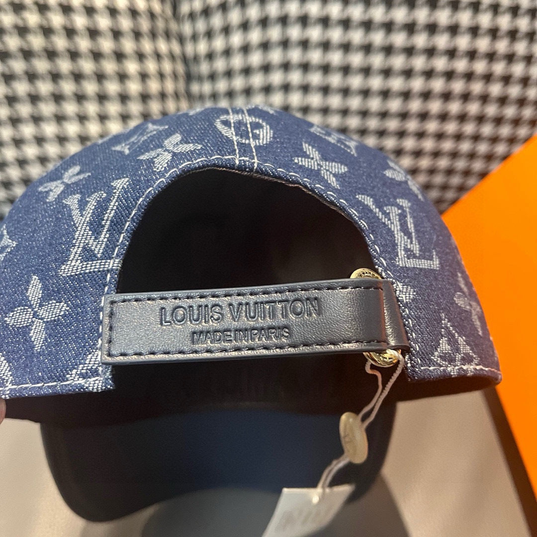 Baseball cap interior label with Louis Vuitton branding on tan strap