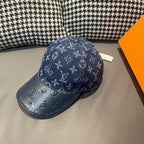 Baseball cap, dark blue monogram print with stitched paneling and curved brim
