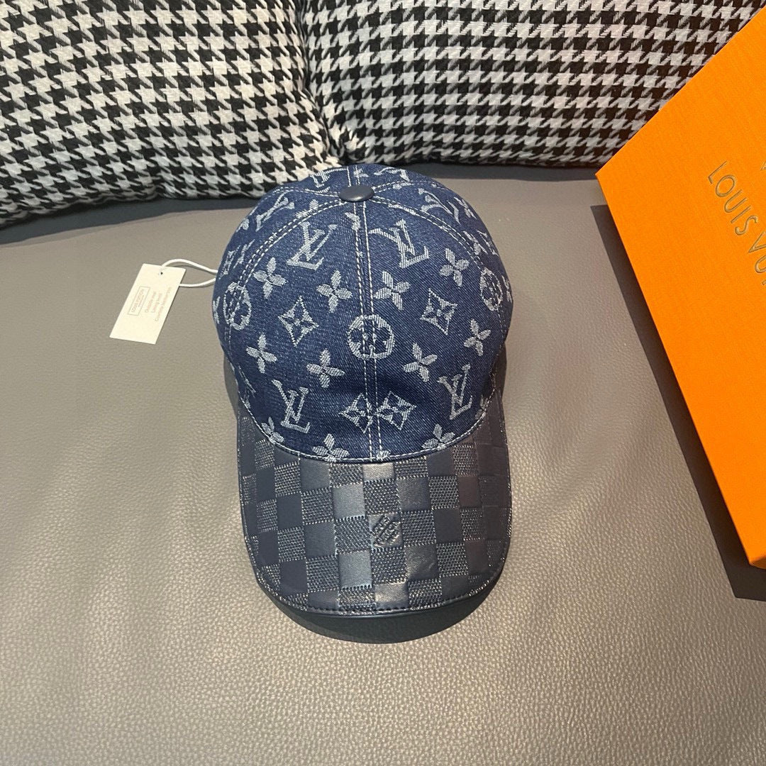 Louis Vuitton cap in blue denim with white monogram print and checkered brim