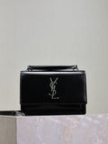 YSL black leather shoulder bag with flap and silver YSL logo, chain strap