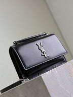YSL shoulder bag with flap and silver YSL logo, chain strap