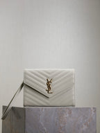 Women’s YSL small shoulder bag, quilted chevron white, gold YSL logo front flap