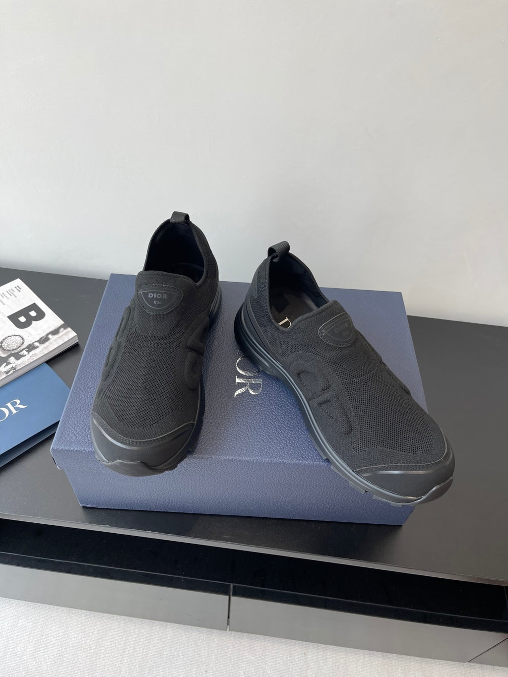 Dior slip-on sneakers, dark gray, rounded toe, padded collar, side logo