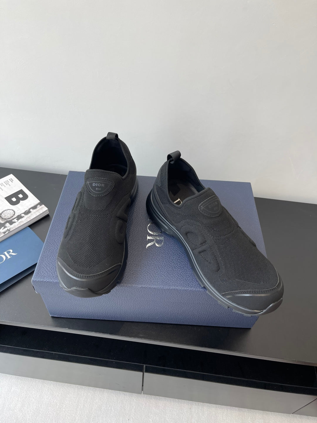 Dior slip-on sneakers, dark gray, rounded toe, padded collar, side logo