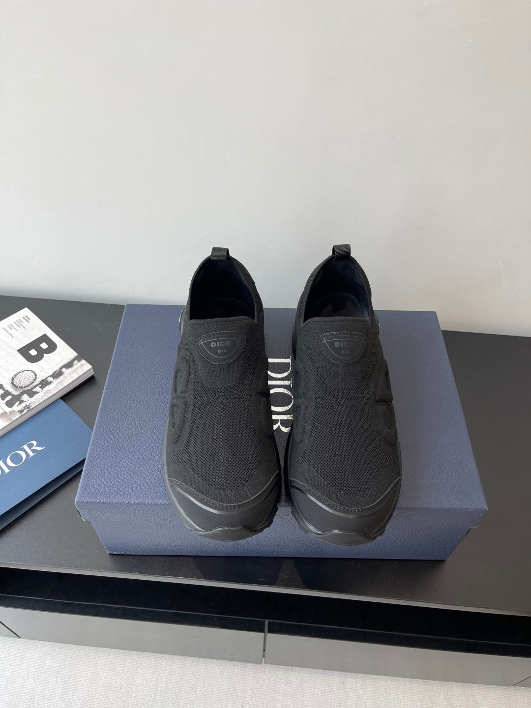 Dior slip-on sneakers, dark gray, textured knit upper, padded sole