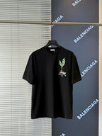 Black short-sleeve T-shirt on hanger with chest botanical bird embroidery
