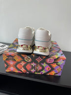 Back view of white and light blue lace-up sneakers with gold heel accents