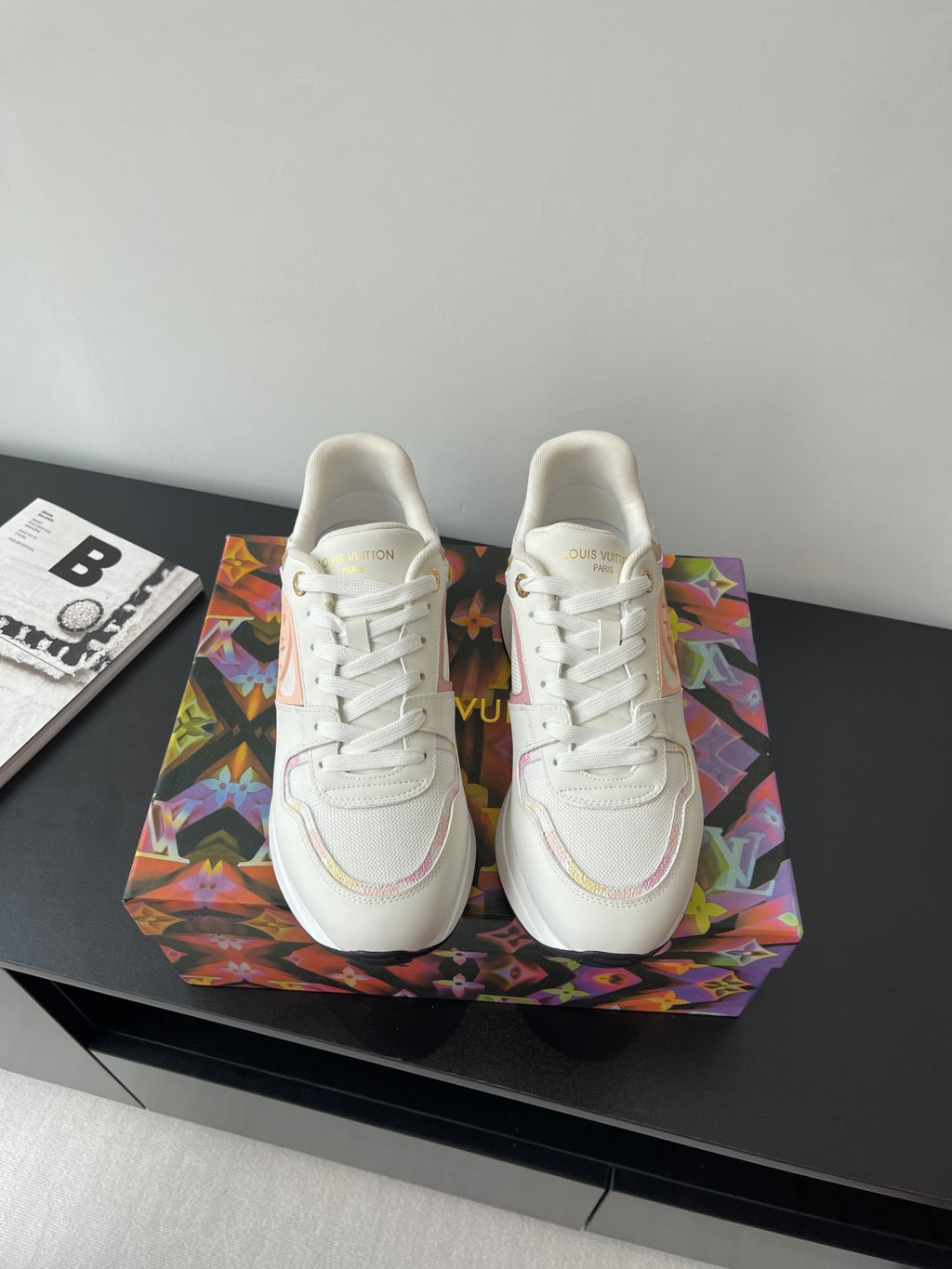 Louis Vuitton women's sneakers, white with pink logo accents, lace-up design