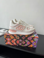 Women's Louis Vuitton sneakers side view, white leather with pink accent stripes