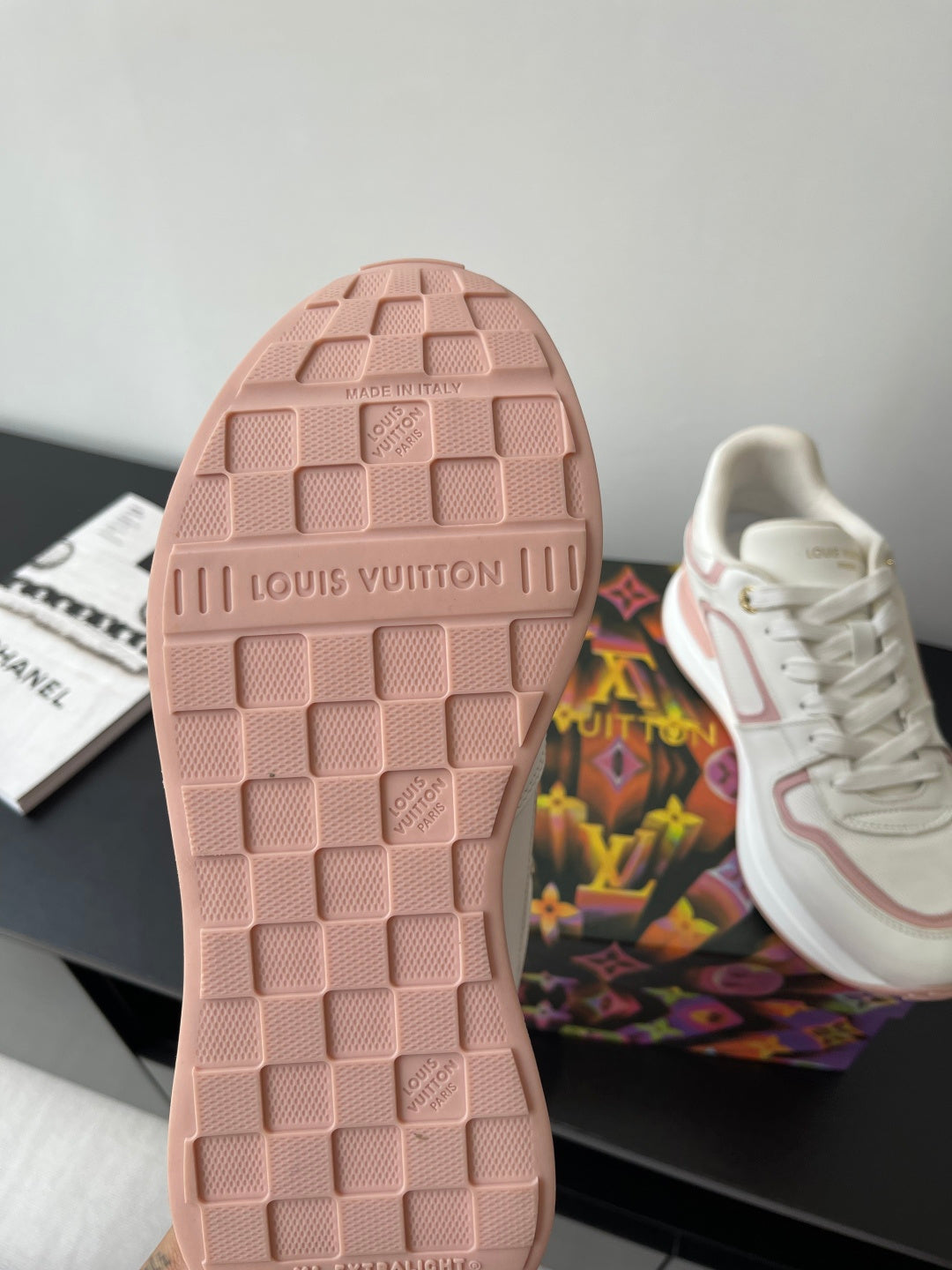 Women's Louis Vuitton sneakers outsole, pink tread with logo text on rubber
