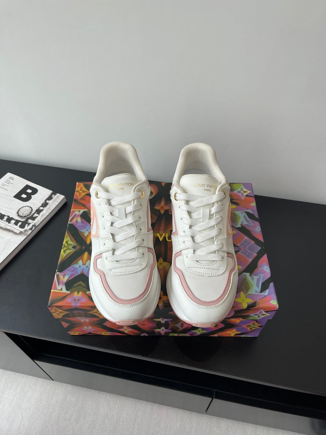 Women's Louis Vuitton sneakers, white with pink trim and lace-up front