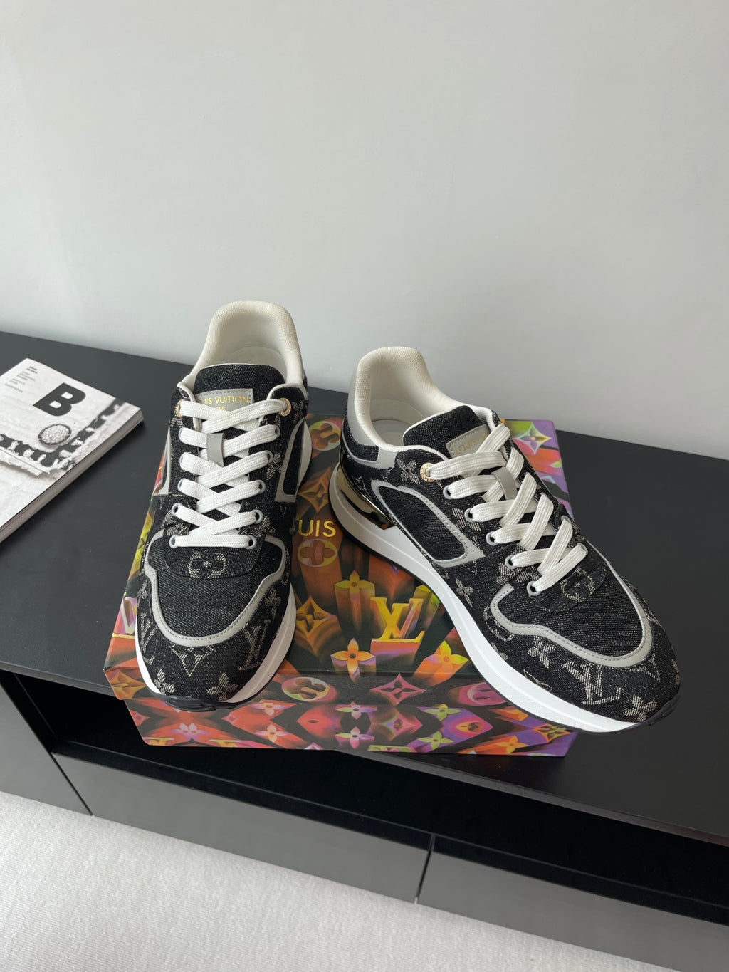 Women’s low-top sneakers, black monogram, white laces, padded cream collar