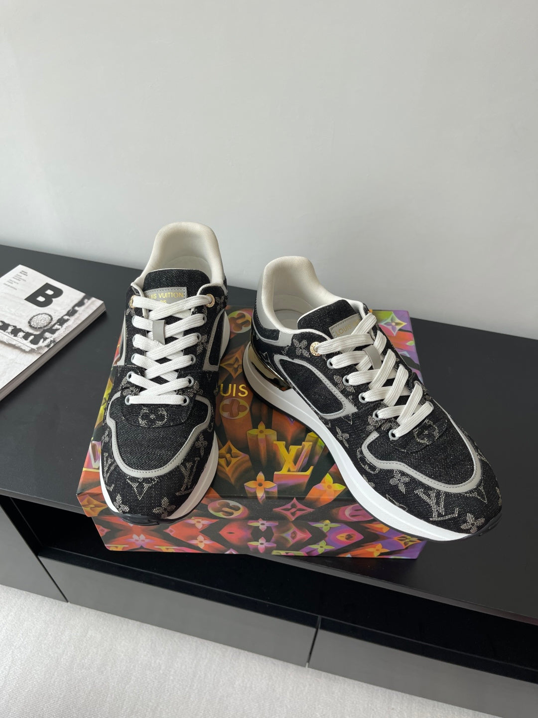 Women’s low-top sneakers, black monogram, white laces, padded cream collar