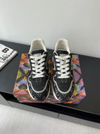 Women’s low-top sneakers, black monogram canvas, white laces, rubber toe cap