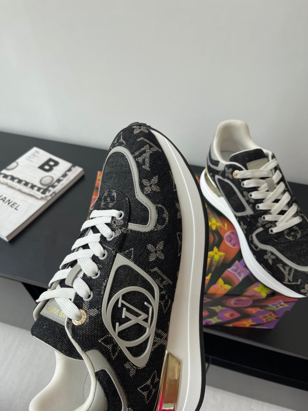 Women’s low-top sneakers, black monogram, white laces, large LV-style side emblem