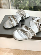 Balenciaga ladies metallic silver sandals with open toe and multi-strap buckle closures