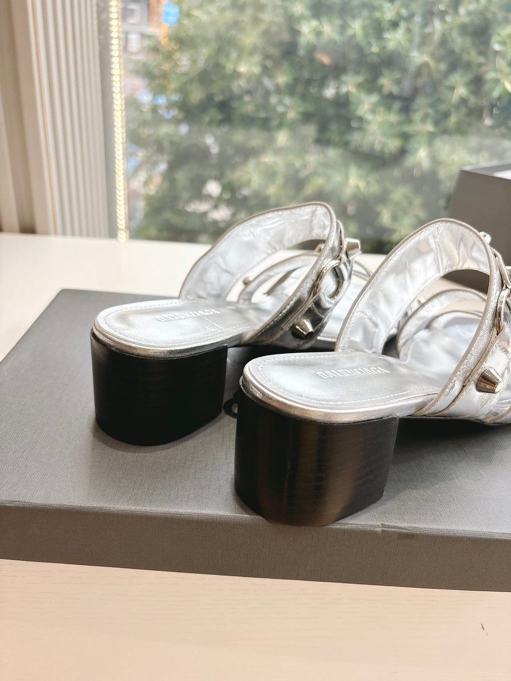 Balenciaga metallic silver sandals with open toe straps and block heel, black underside